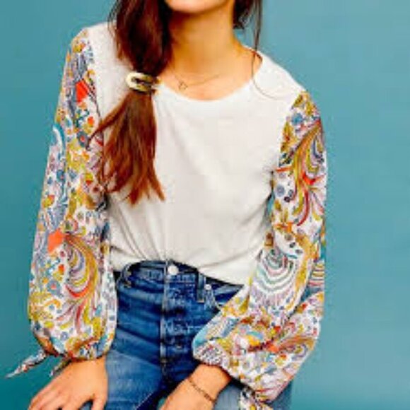 Anthropologie Maybelle Tied-sleeve top Paisley Sleeve Size M - Picture 1 of 15